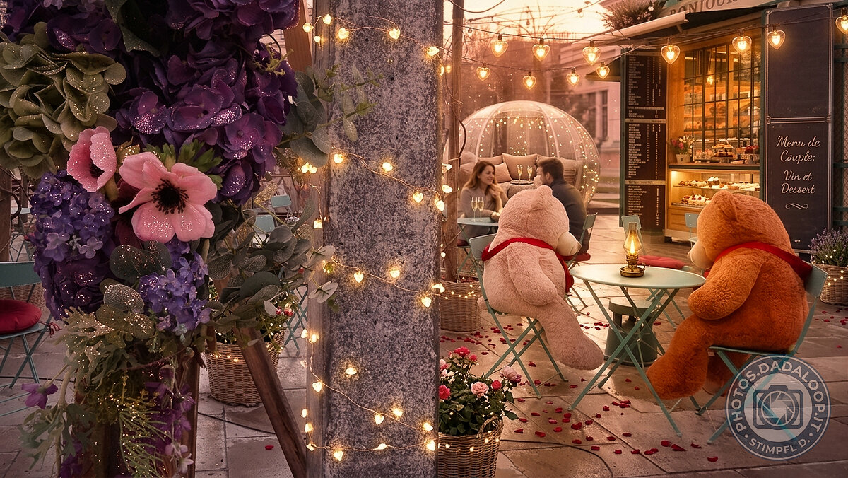 Romantic atmosphere with teddy bears and heart-shaped lights