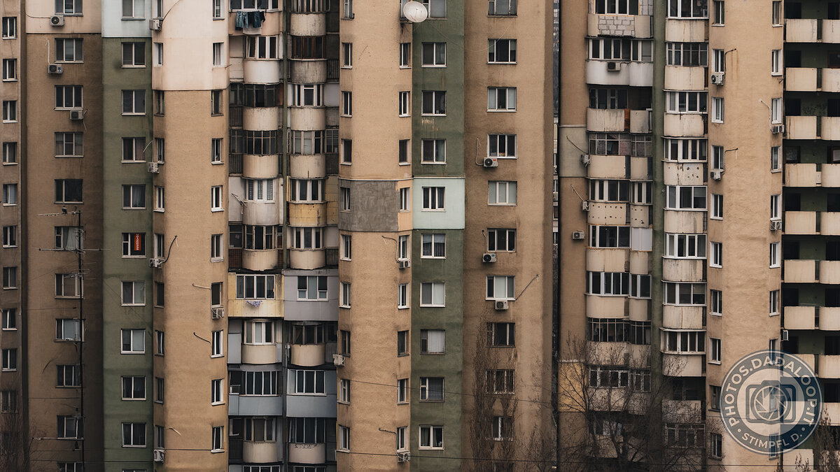 Facade of a Soviet residential building, geometric repetitions
