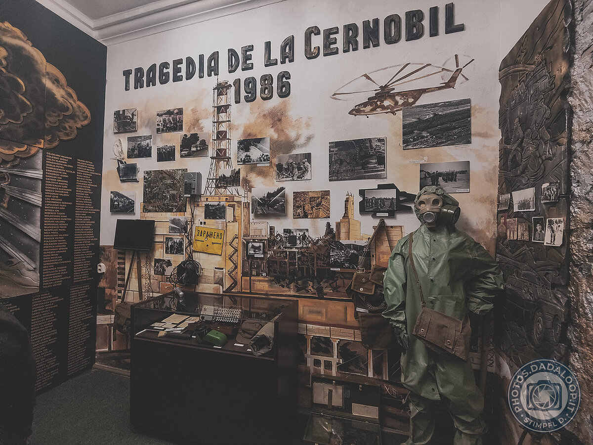 Exhibition on the Chernobyl tragedy with mannequin in protective suit