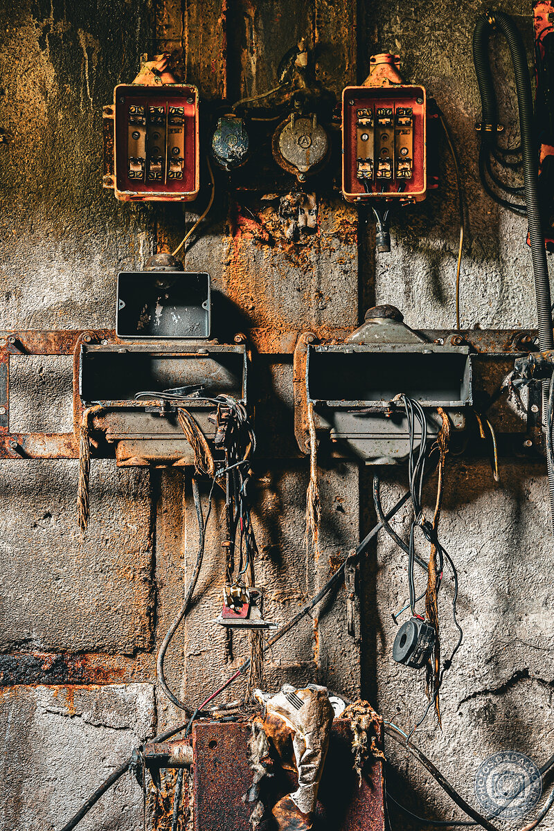 Connessioni elettriche arrugginite su muro fatiscente