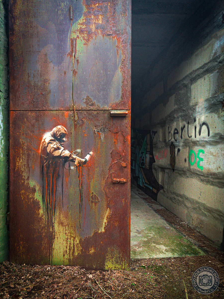 Graffiti su porta arrugginita in bunker abbandonato