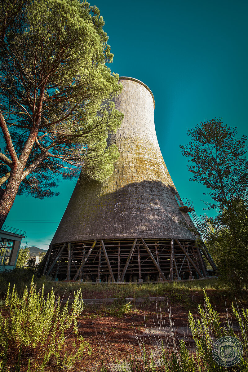 Imponente torre di raffreddamento abbandonata, avvolta dalla natura