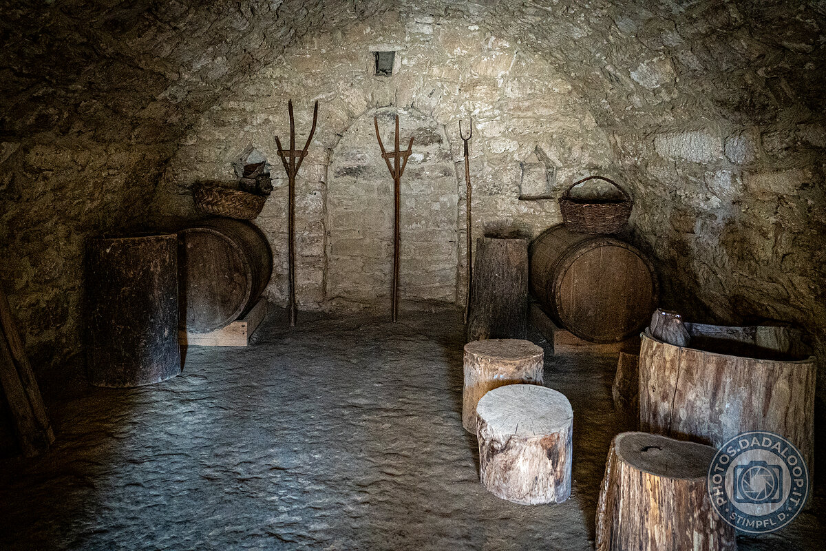 Interno rustico con botti e attrezzi agricoli