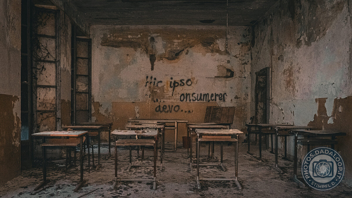 Aula abbandonata con graffiti latini misteriosi